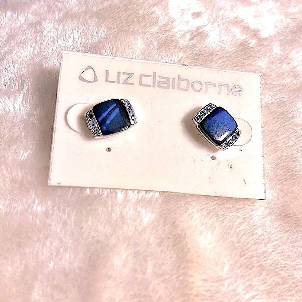 🔴 CLEARANCE LIZ CLAIBORNE 💙 SILVER BLUE STONE & RHINESTONES PIERCED EARRINGS - Picture 2 of 7